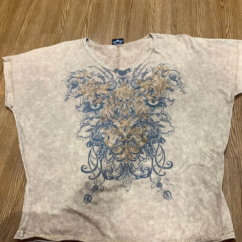 Katy Did tan top with iridescent stones - Size XL